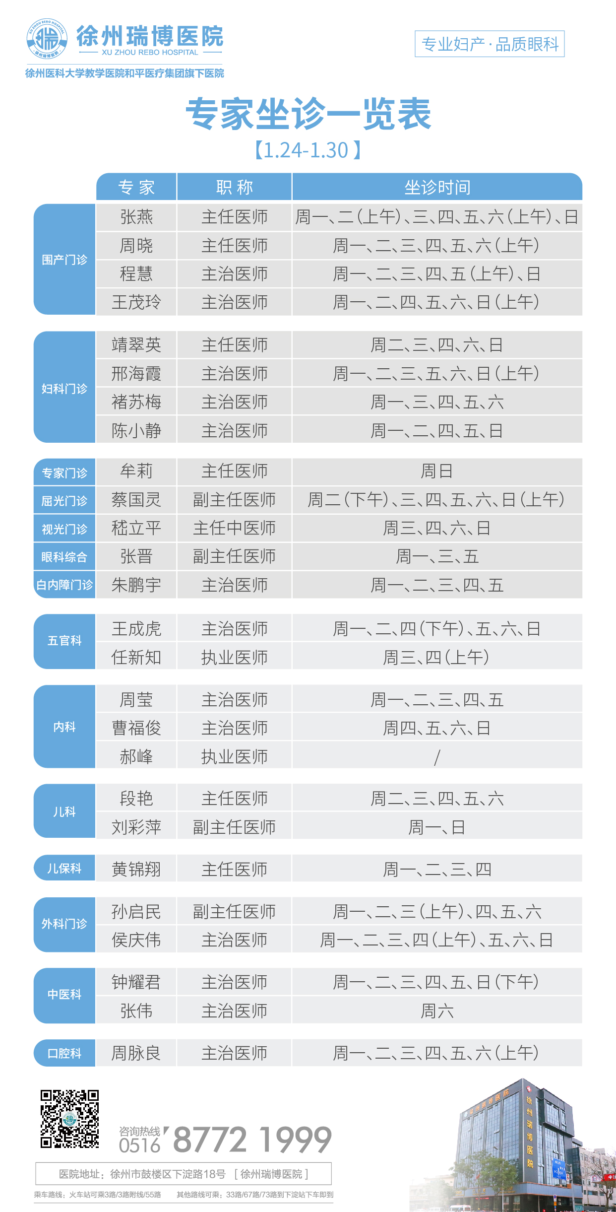 2022年1月24日-2022年1月30日专家坐诊时间表，请查收！