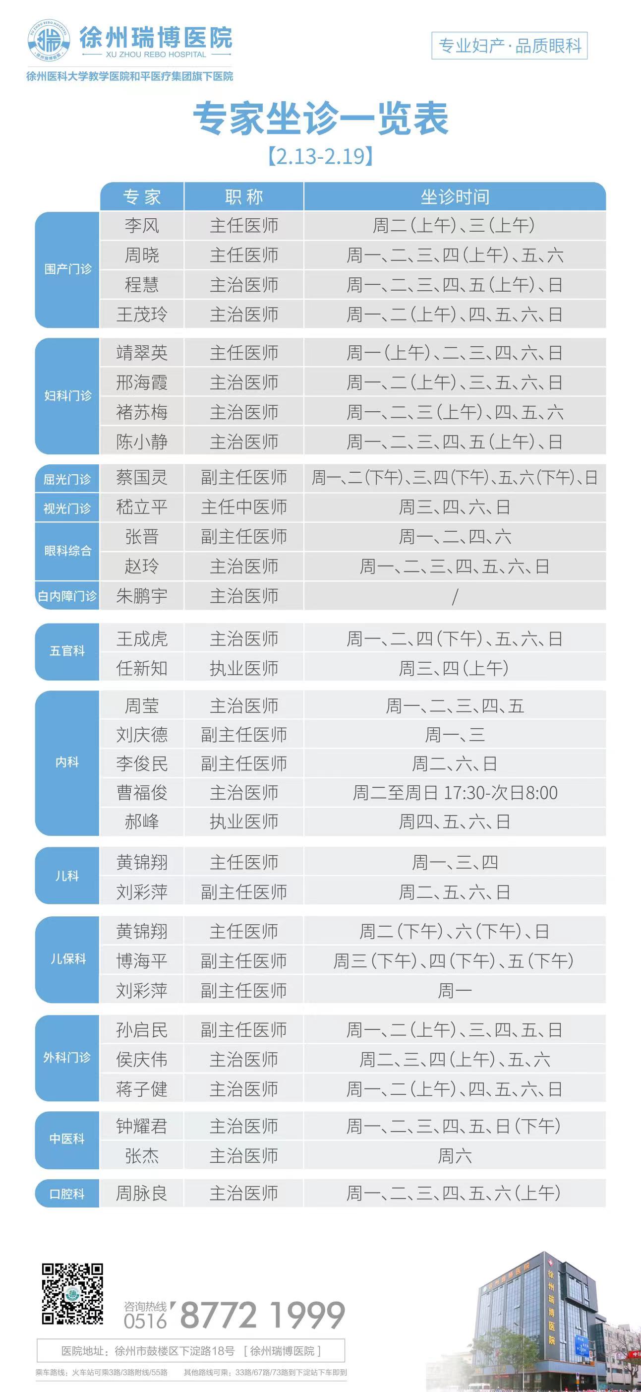 徐州瑞博医院2.13-2.19专家坐诊表