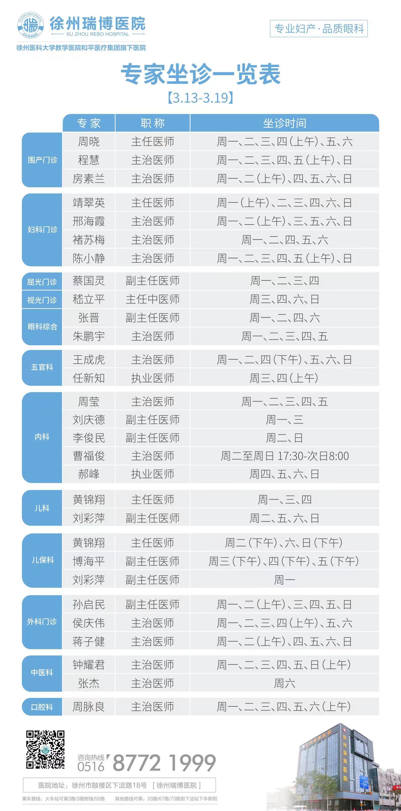 徐州瑞博医院3.13-3.19专家坐诊表